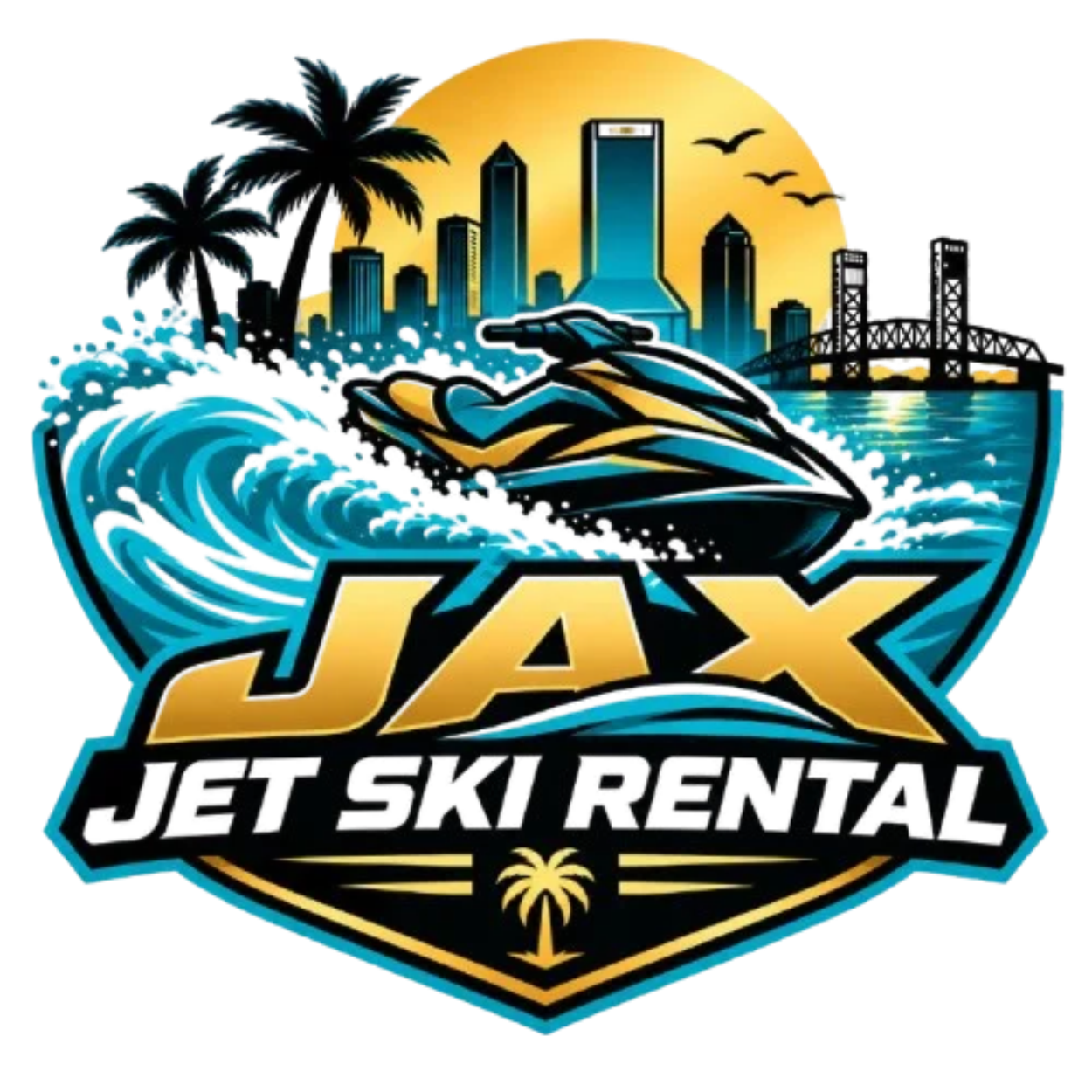 Jax Jet Ski Rental — Jacksonville skyline, waves and jet ski